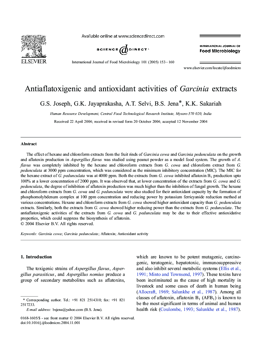 Antiaflatoxigenic and antioxidant activities of Garcinia extracts