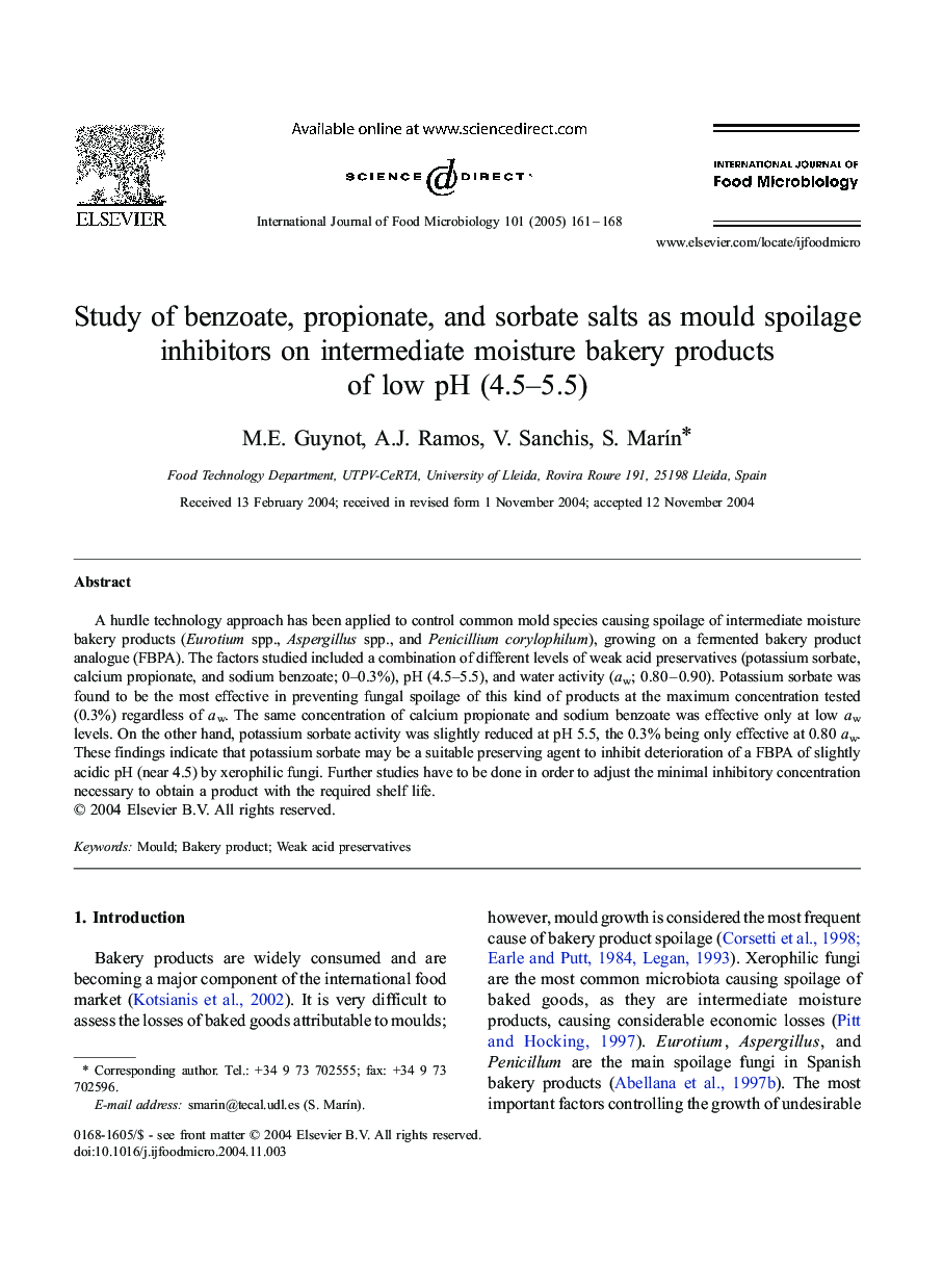 Study of benzoate, propionate, and sorbate salts as mould spoilage inhibitors on intermediate moisture bakery products of low pH (4.5-5.5)