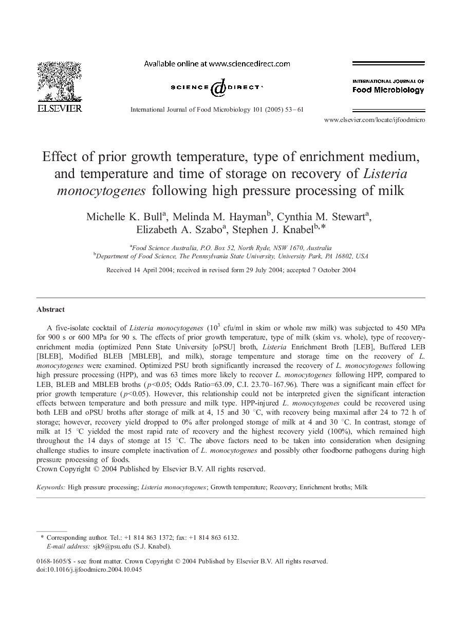 Effect of prior growth temperature, type of enrichment medium, and temperature and time of storage on recovery of Listeria monocytogenes following high pressure processing of milk