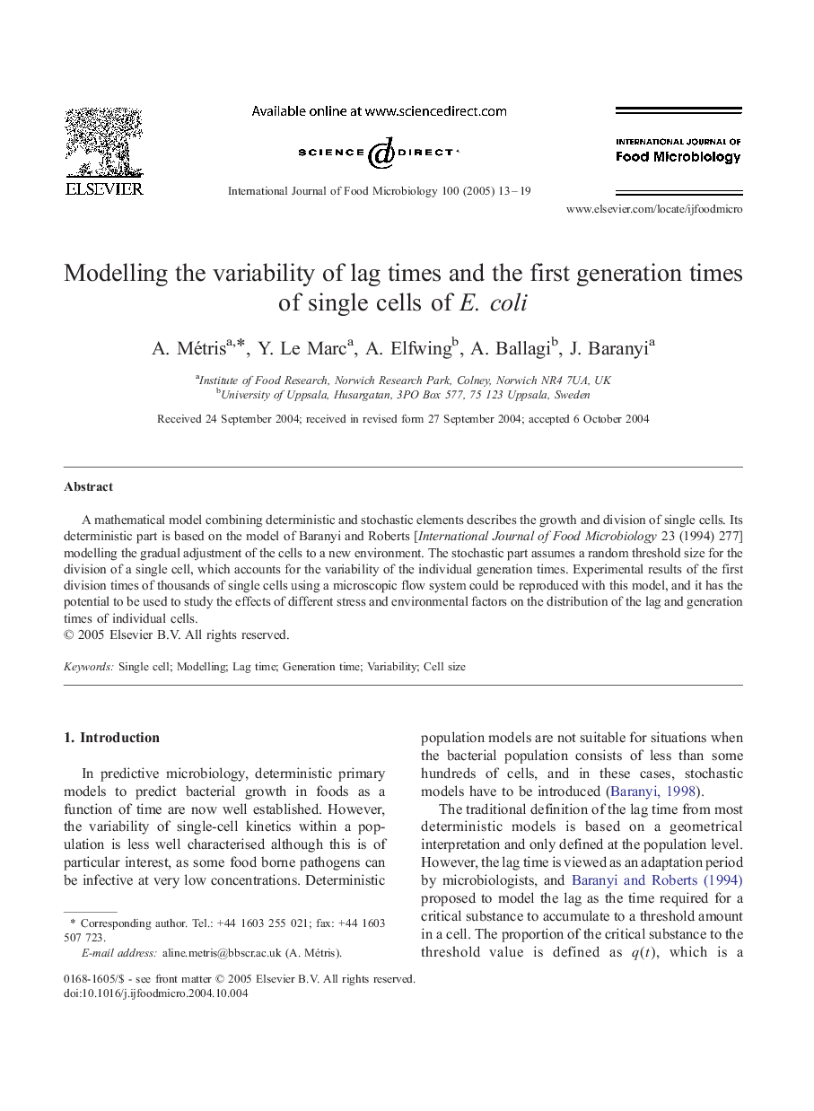 Modelling the variability of lag times and the first generation times of single cells of E. coli