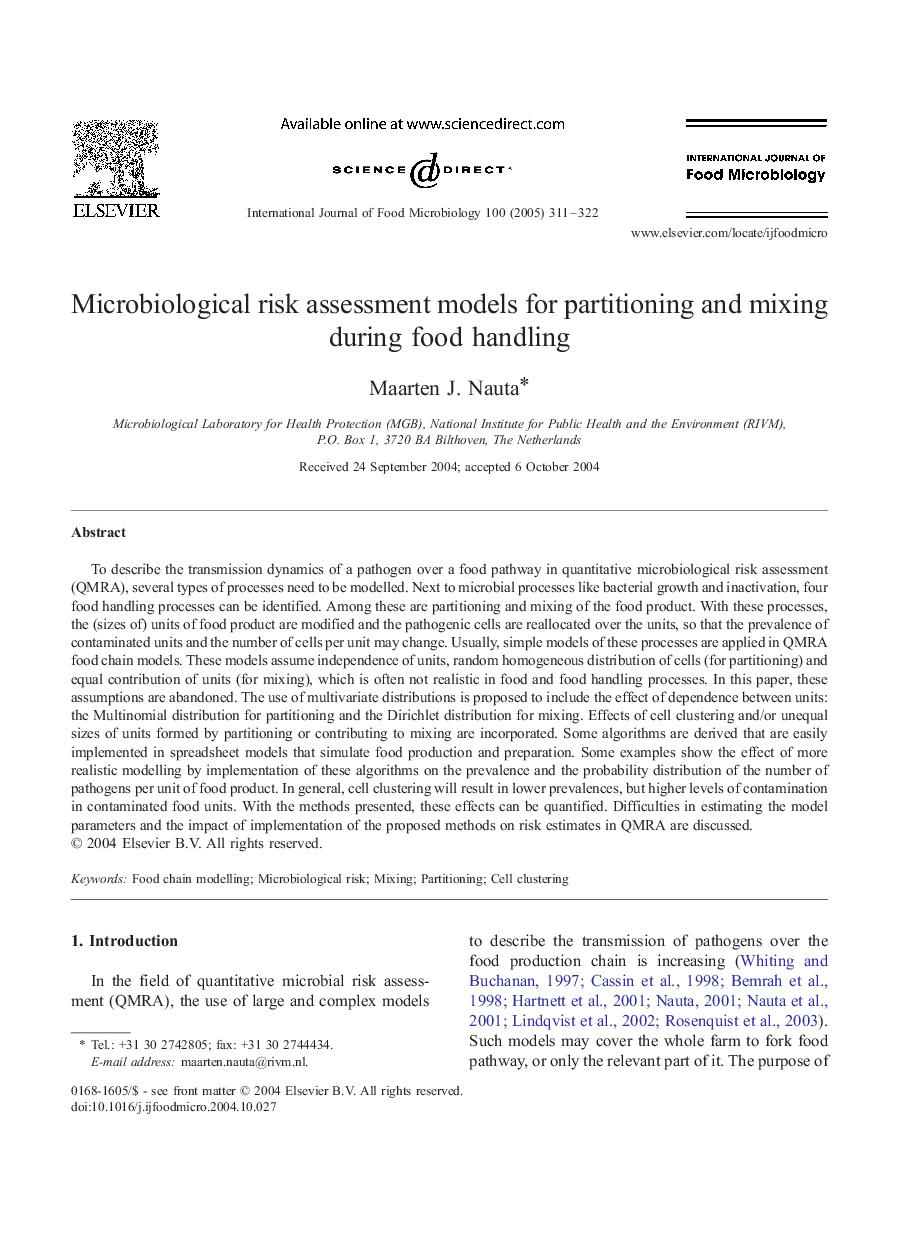 Microbiological risk assessment models for partitioning and mixing during food handling