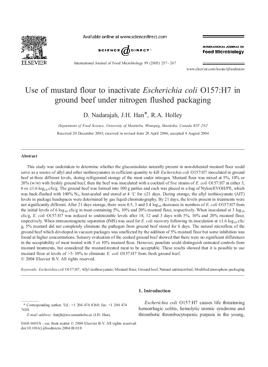 Use of mustard flour to inactivate Escherichia coli O157:H7 in ground beef under nitrogen flushed packaging