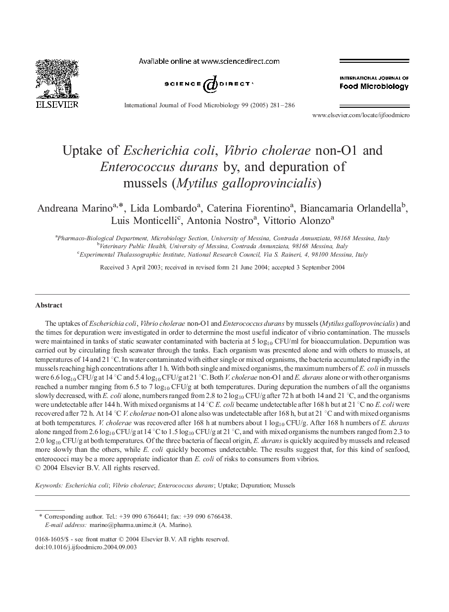 Uptake of Escherichia coli, Vibrio cholerae non-O1 and Enterococcus durans by, and depuration of mussels (Mytilus galloprovincialis)