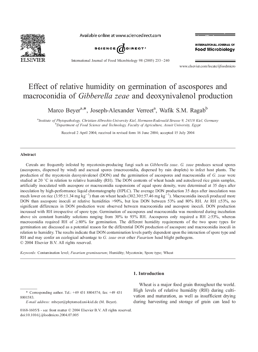 Effect of relative humidity on germination of ascospores and macroconidia of Gibberella zeae and deoxynivalenol production