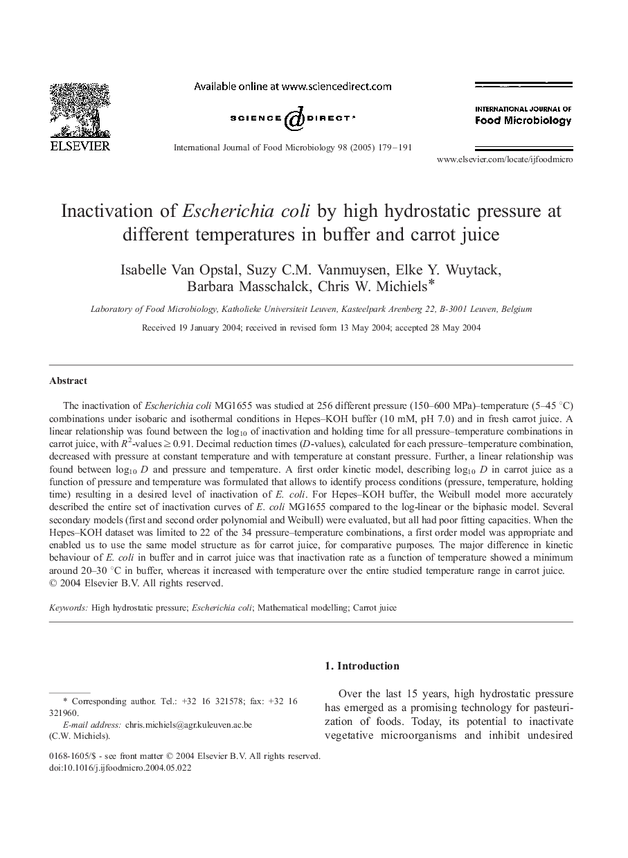 Inactivation of Escherichia coli by high hydrostatic pressure at different temperatures in buffer and carrot juice