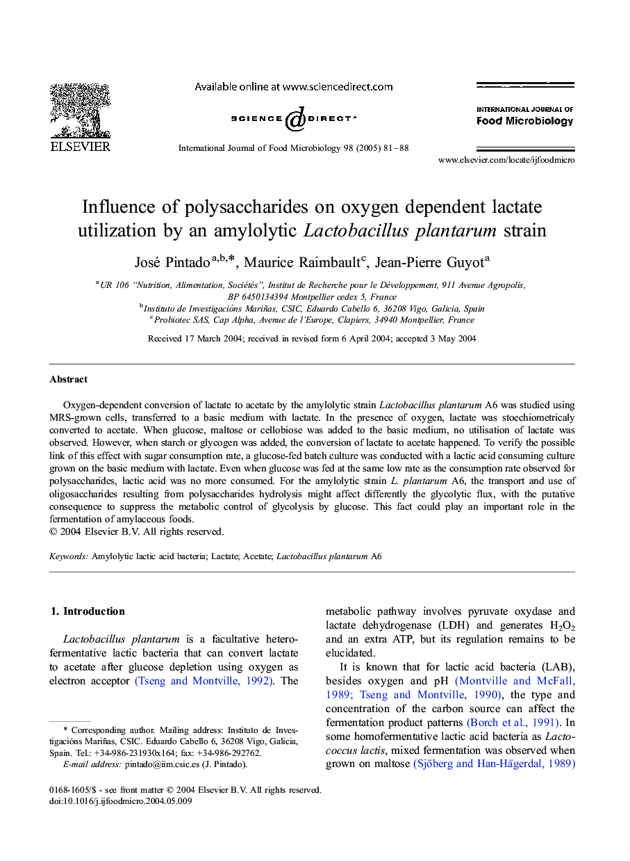 Influence of polysaccharides on oxygen dependent lactate utilization by an amylolytic Lactobacillus plantarum strain