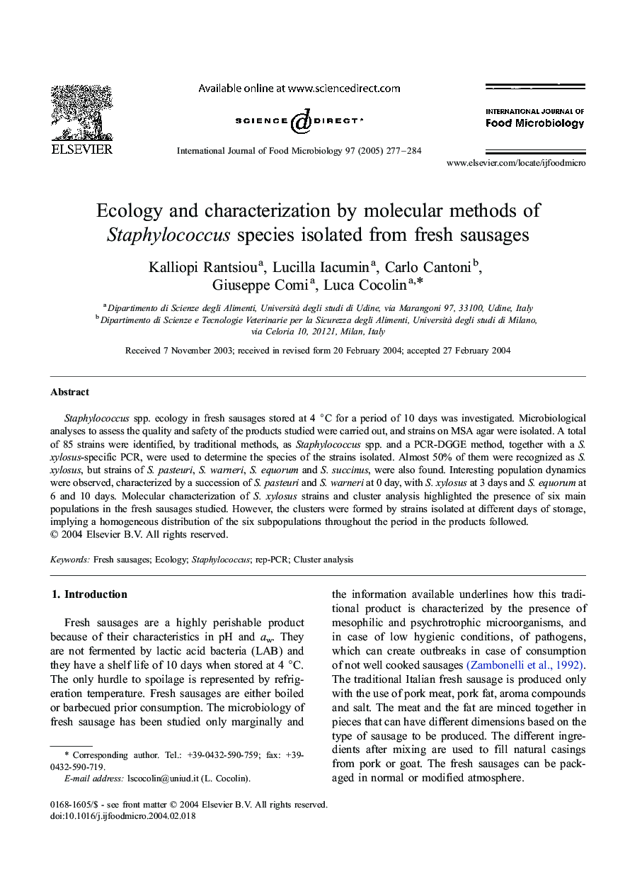 Ecology and characterization by molecular methods of Staphylococcus species isolated from fresh sausages