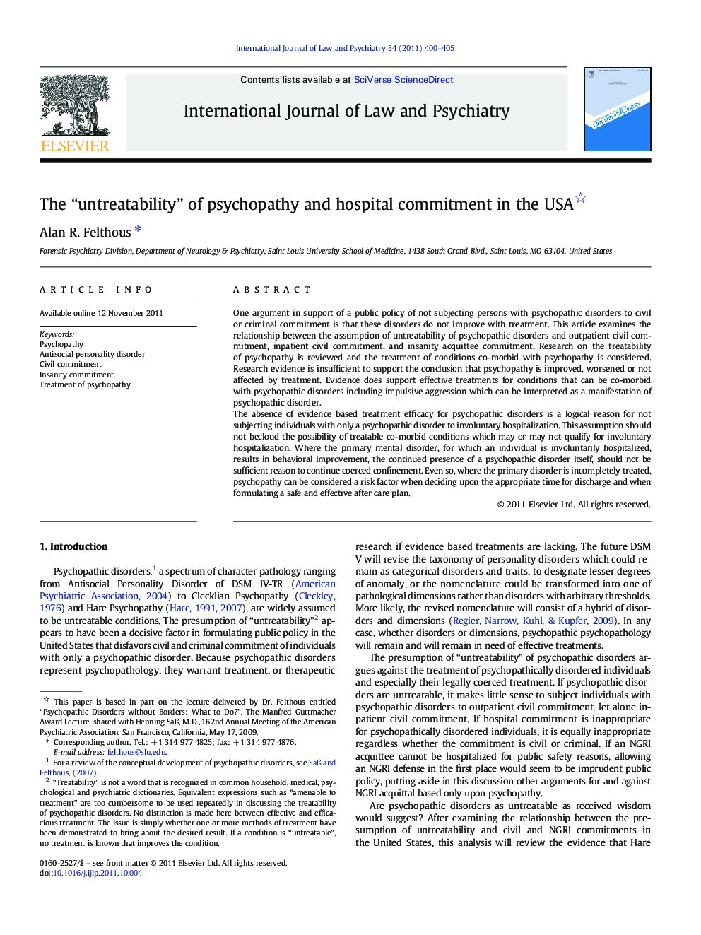 The “untreatability” of psychopathy and hospital commitment in the USA 