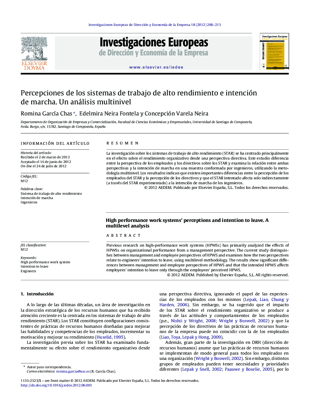 عکس صفحه اول مقاله: Percepciones de los sistemas de trabajo de alto rendimiento e intención de marcha. Un análisis multinivel Percepciones de los sistemas de trabajo de alto rendimiento e intención de marcha. Un análisis multinivel