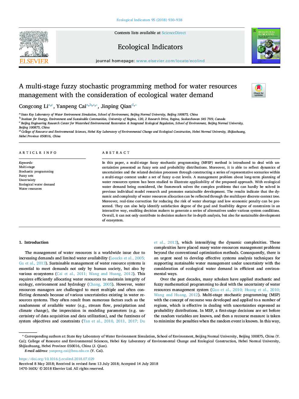 A multi-stage fuzzy stochastic programming method for water resources management with the consideration of ecological water demand