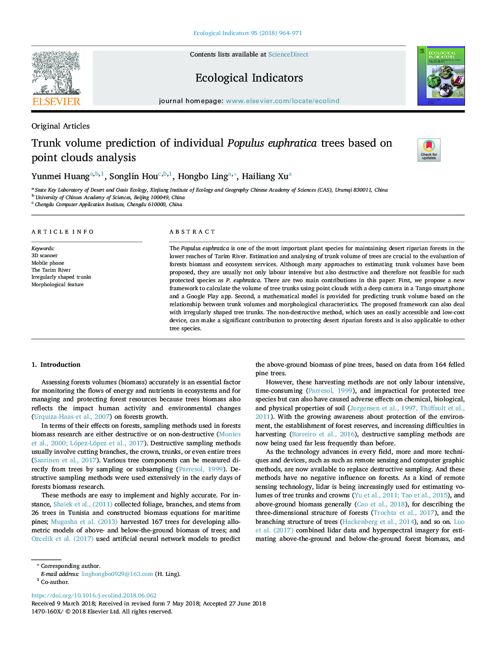 Trunk volume prediction of individual Populus euphratica trees based on point clouds analysis