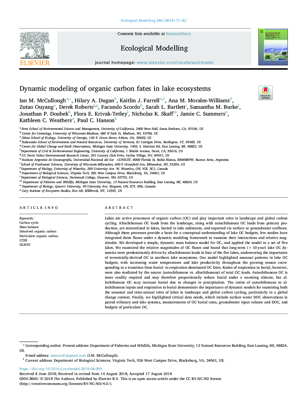 Dynamic modeling of organic carbon fates in lake ecosystems