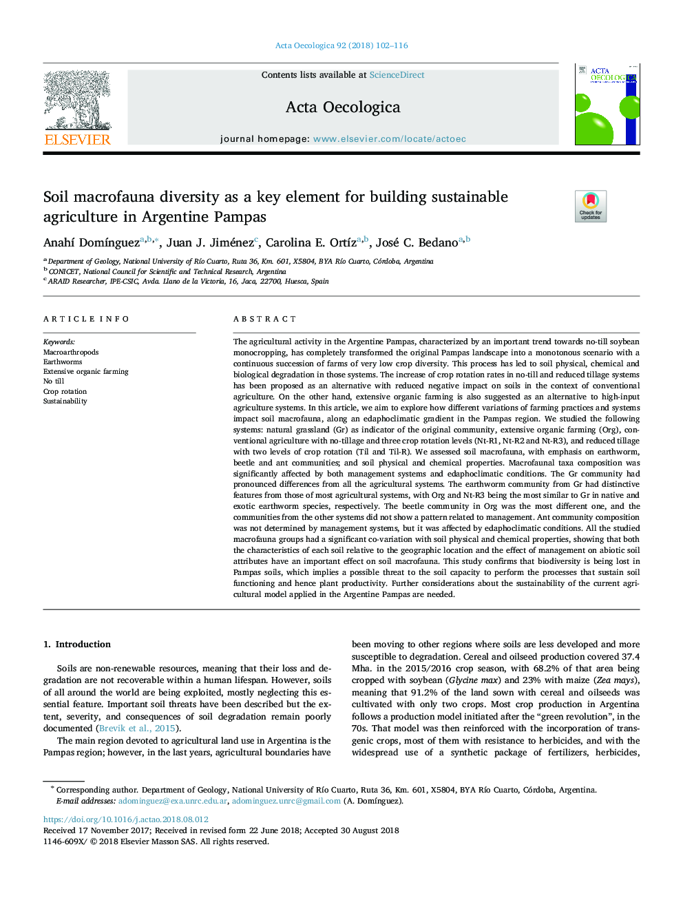 Soil macrofauna diversity as a key element for building sustainable agriculture in Argentine Pampas