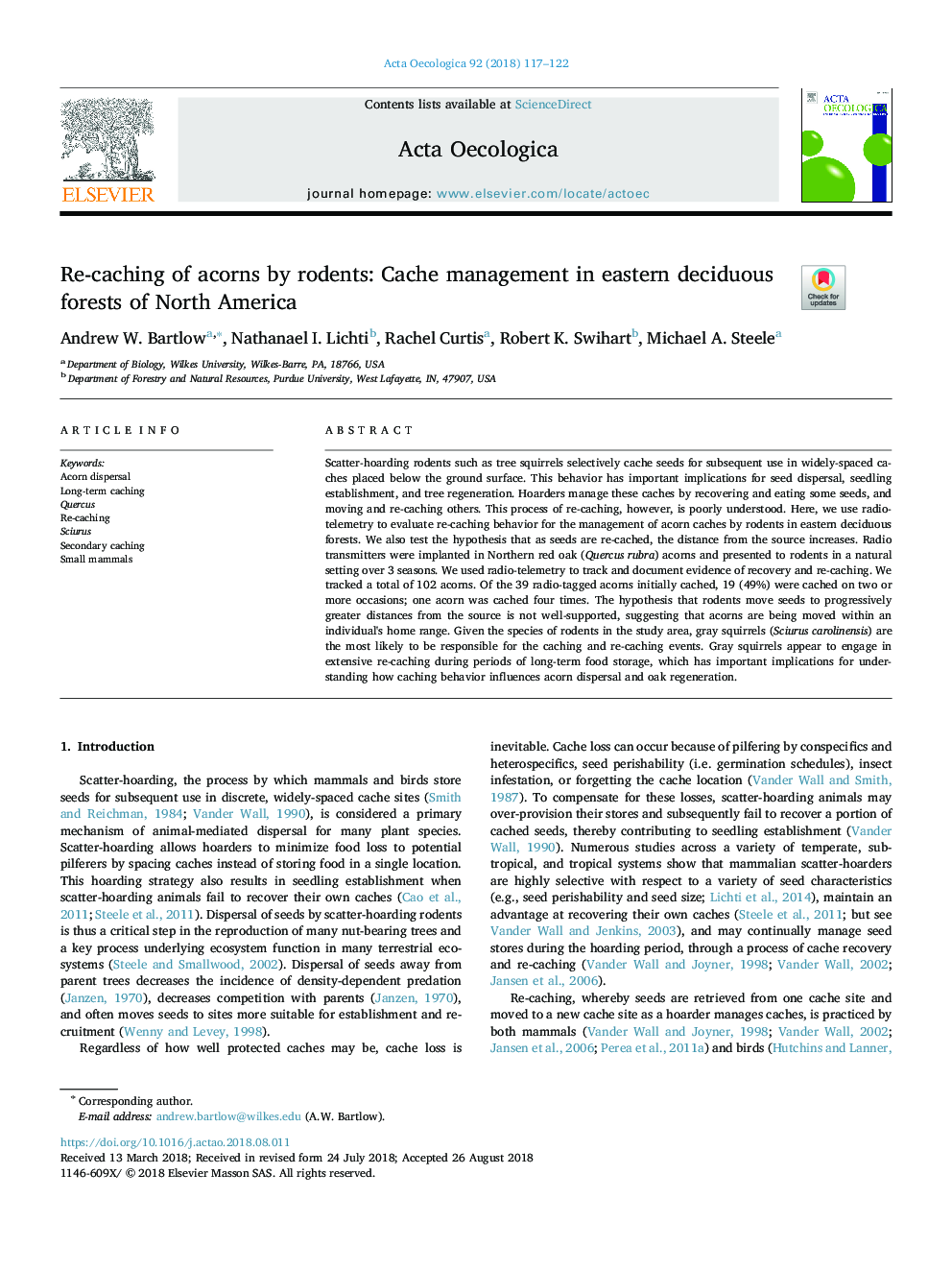 Re-caching of acorns by rodents: Cache management in eastern deciduous forests of North America