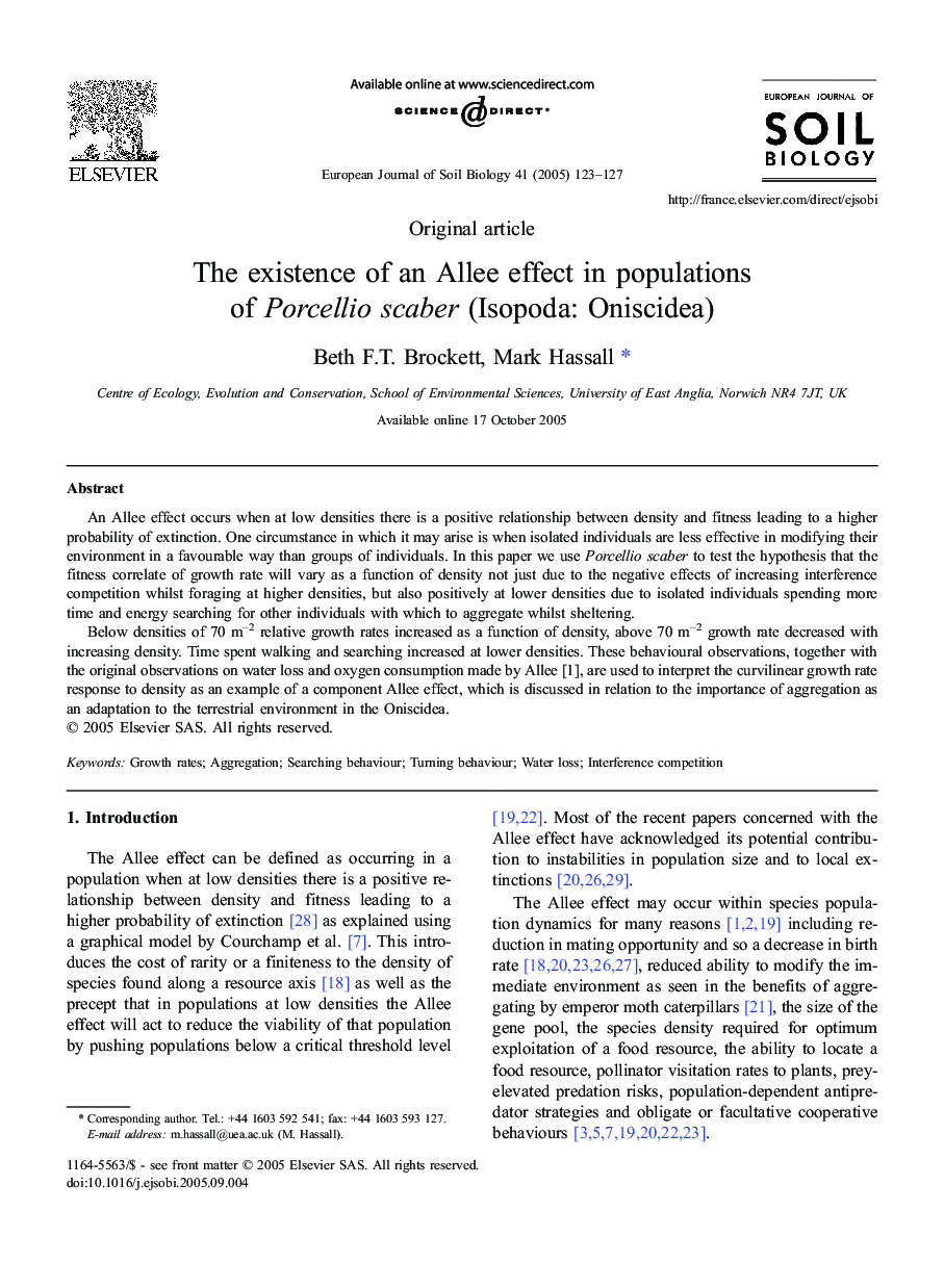 The existence ofÂ anÂ Allee effect inÂ populations ofÂ PorcellioÂ scaber (Isopoda: Oniscidea)