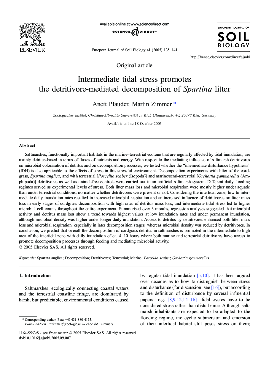 Intermediate tidal stress promotes theÂ detritivore-mediated decomposition ofÂ Spartina litter