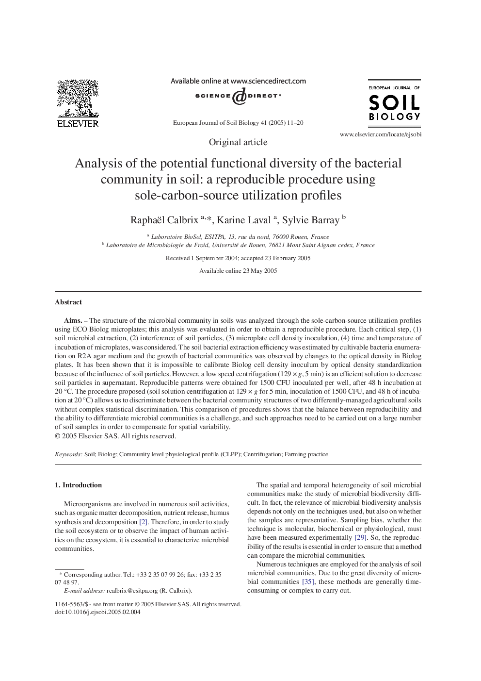 Analysis of the potential functional diversity of the bacterial community in soil: a reproducible procedure using sole-carbon-source utilization profiles