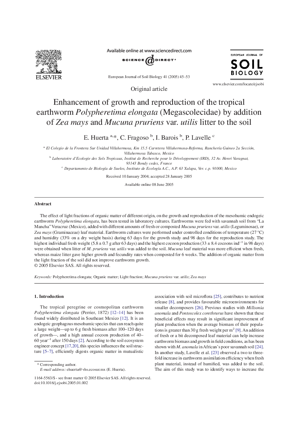 Enhancement of growth and reproduction of the tropical earthworm Polypheretima elongata (Megascolecidae) by addition of Zea mays and Mucuna pruriens var. utilis litter to the soil