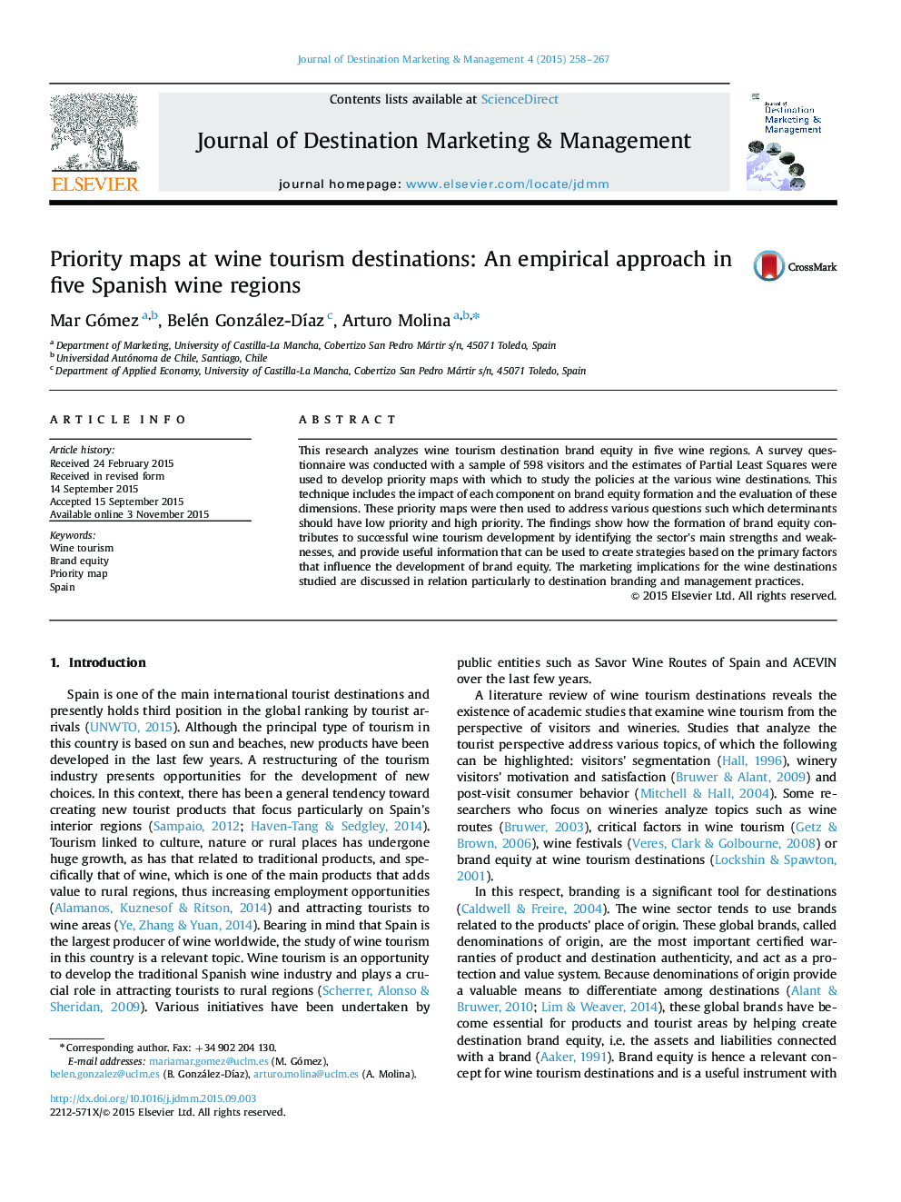 Priority maps at wine tourism destinations: An empirical approach in five Spanish wine regions