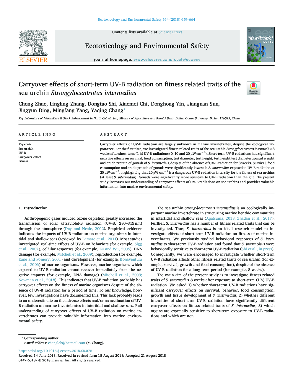 Carryover effects of short-term UV-B radiation on fitness related traits of the sea urchin Strongylocentrotus intermedius