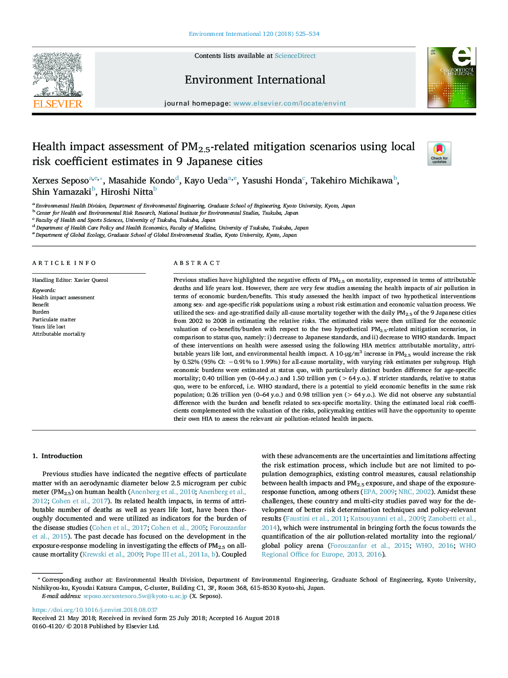 Health impact assessment of PM2.5-related mitigation scenarios using local risk coefficient estimates in 9 Japanese cities