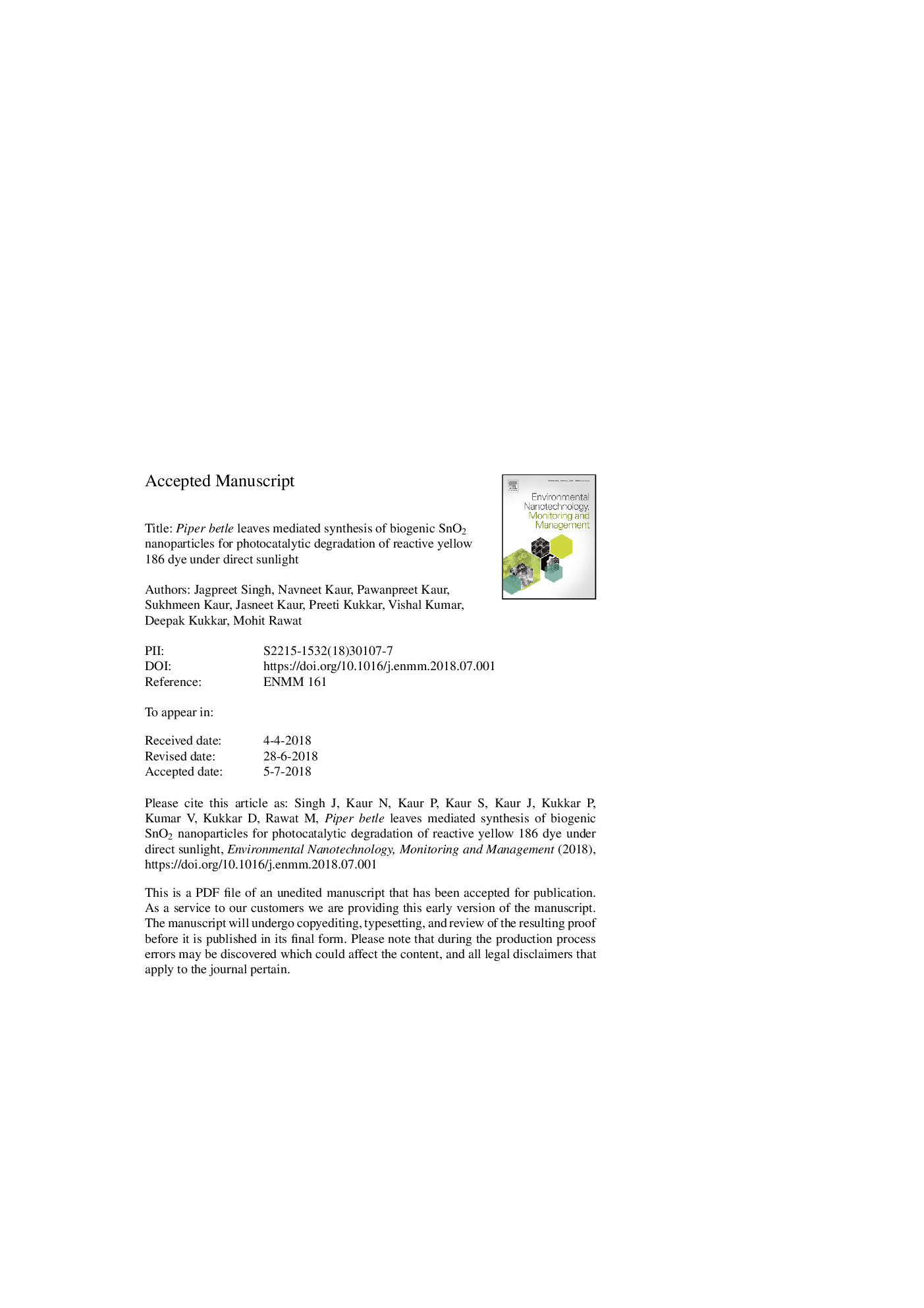 Piper betle leaves mediated synthesis of biogenic SnO2 nanoparticles for photocatalytic degradation of reactive yellow 186 dye under direct sunlight