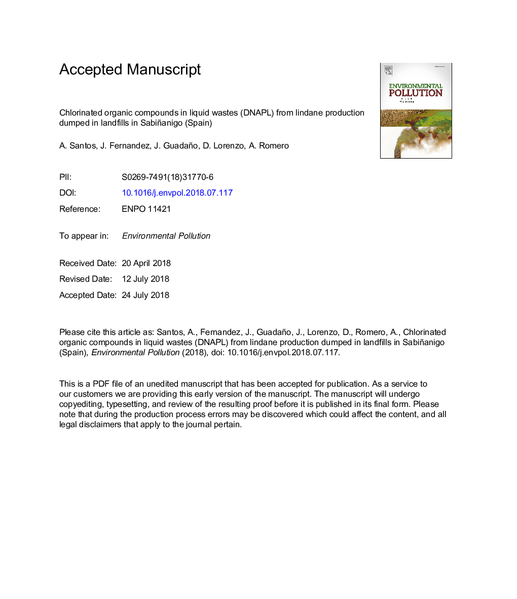 Chlorinated organic compounds in liquid wastes (DNAPL) from lindane production dumped in landfills in Sabiñanigo (Spain)