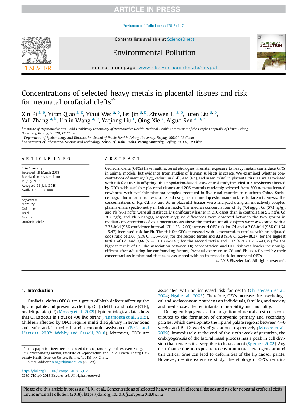 Concentrations of selected heavy metals in placental tissues and risk for neonatal orofacial clefts