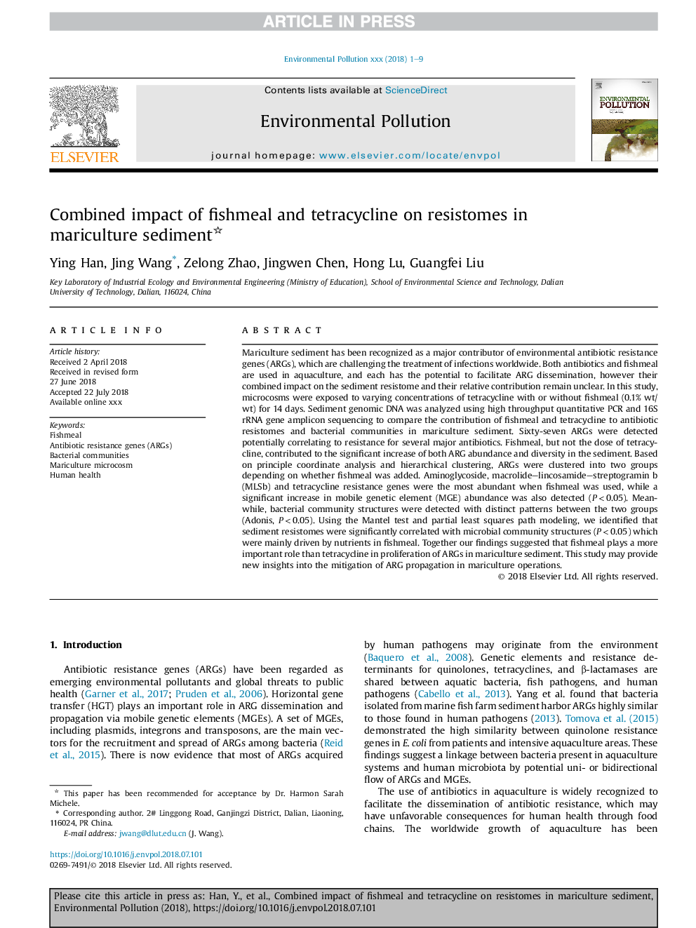 Combined impact of fishmeal and tetracycline on resistomes in mariculture sediment