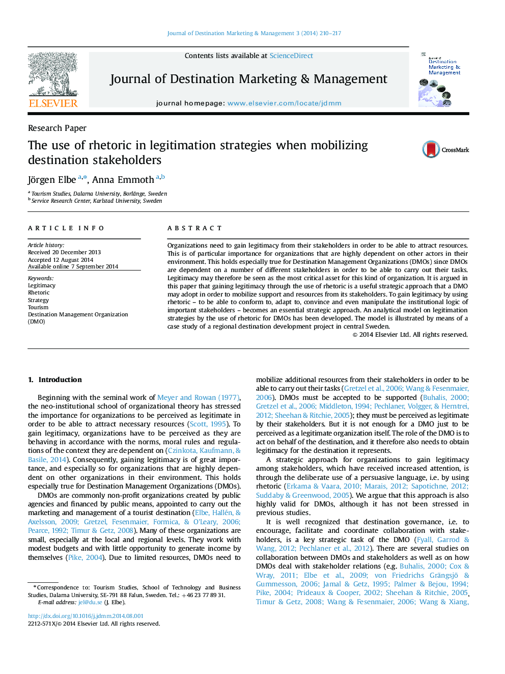 The use of rhetoric in legitimation strategies when mobilizing destination stakeholders