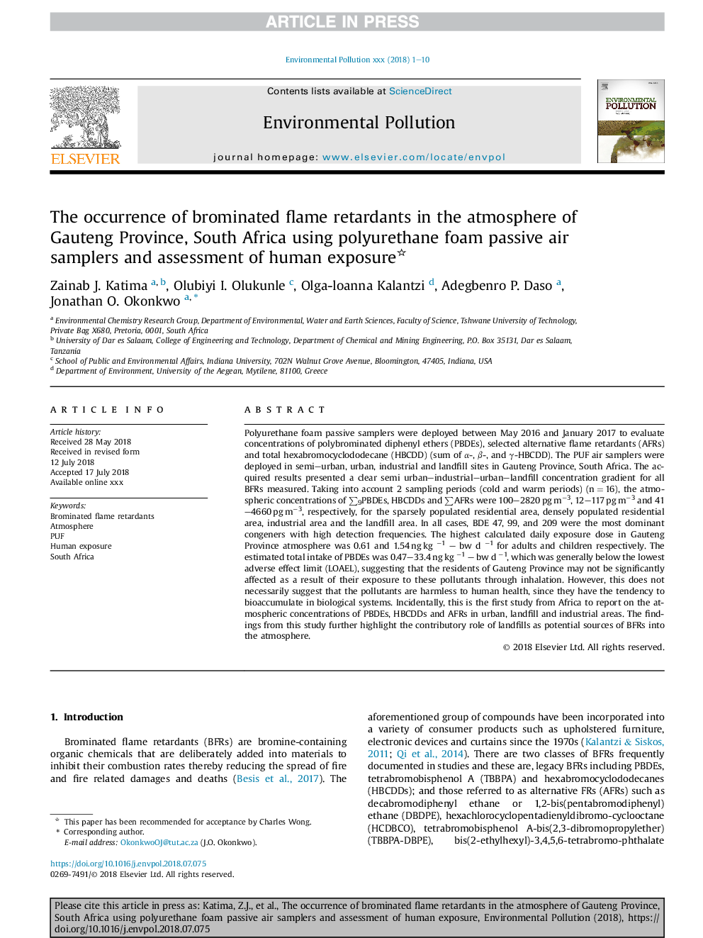 The occurrence of brominated flame retardants in the atmosphere of Gauteng Province, South Africa using polyurethane foam passive air samplers and assessment of human exposure