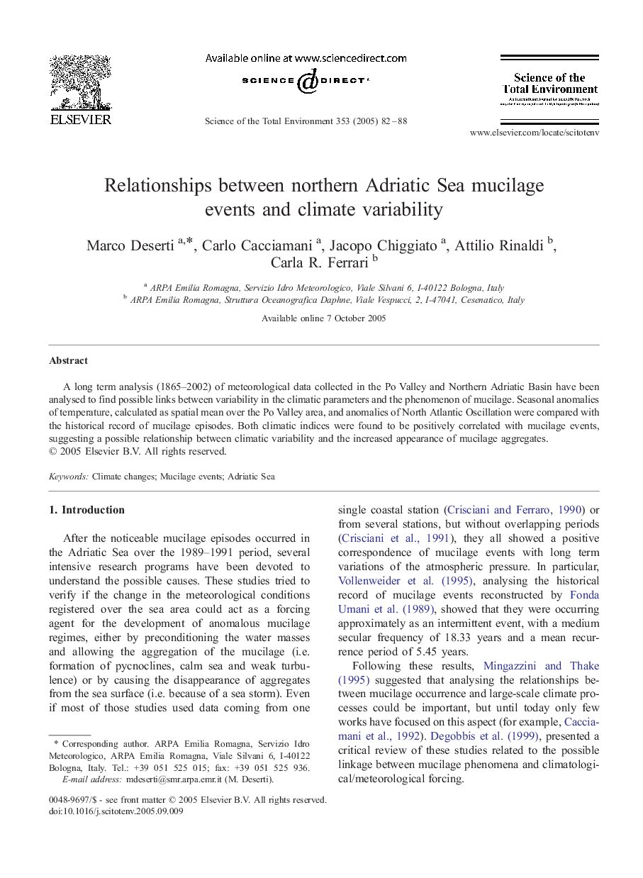 Relationships between northern Adriatic Sea mucilage events and climate variability