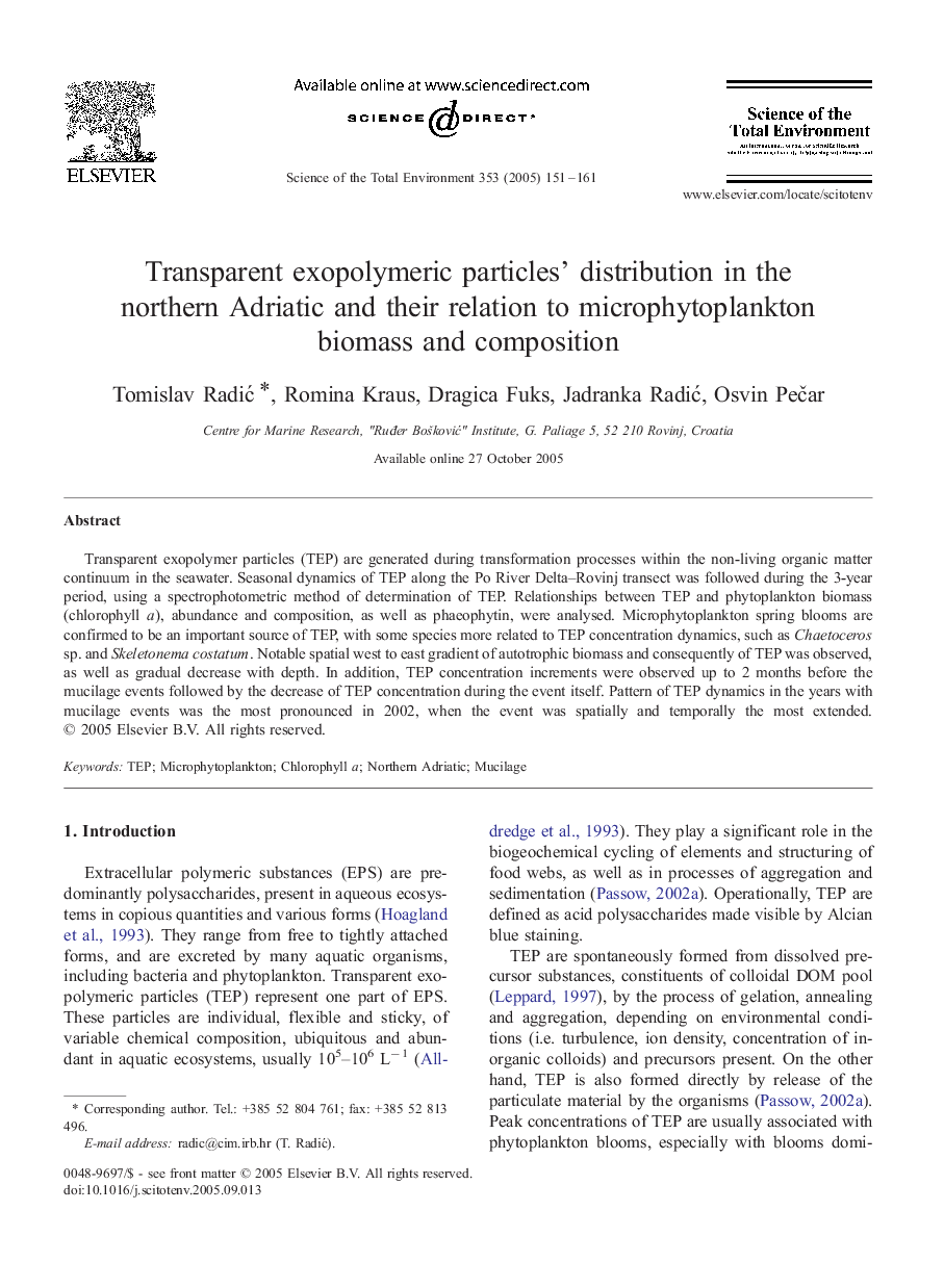 Transparent exopolymeric particles' distribution in the northern Adriatic and their relation to microphytoplankton biomass and composition