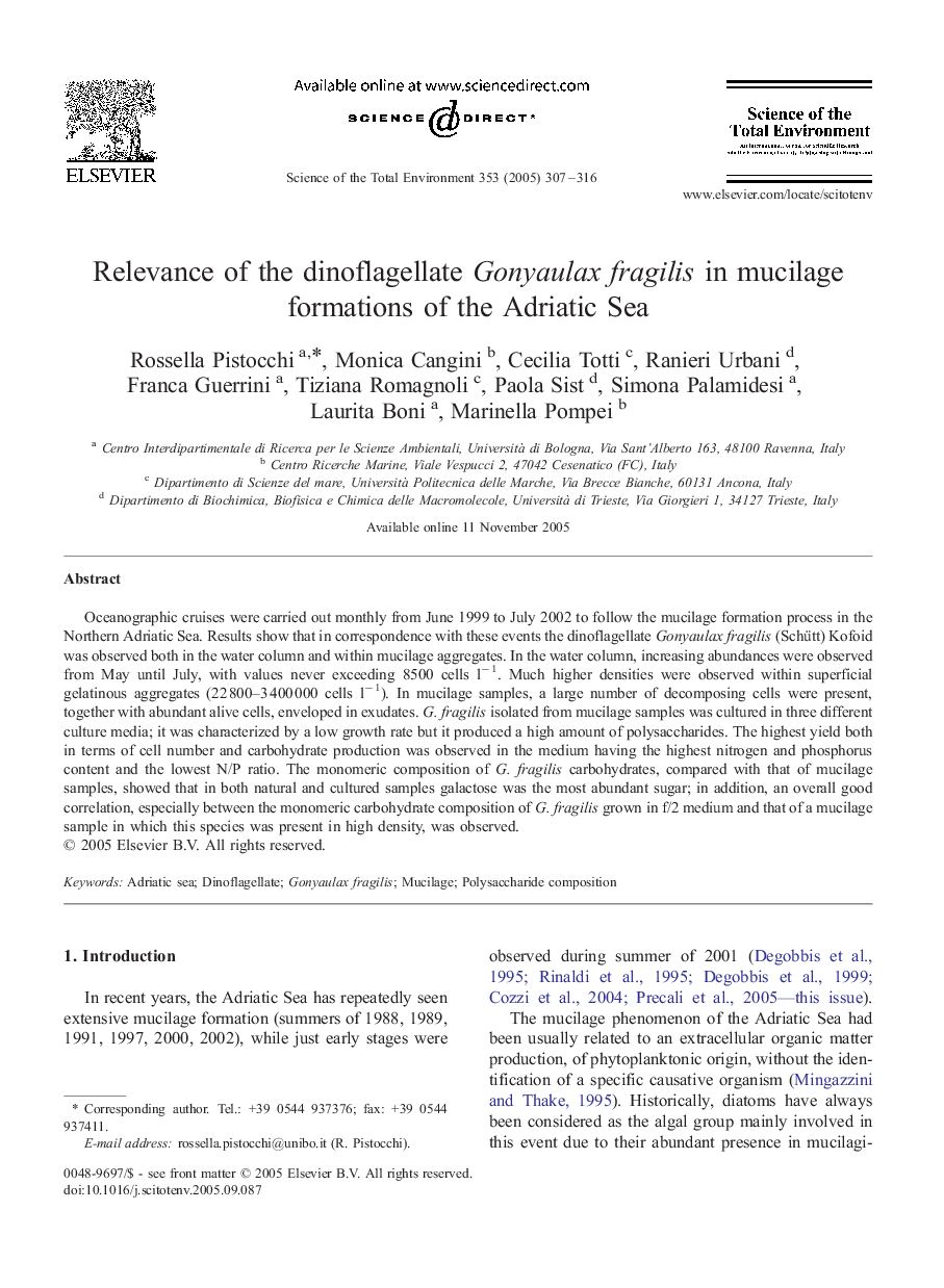 Relevance of the dinoflagellate Gonyaulax fragilis in mucilage formations of the Adriatic Sea