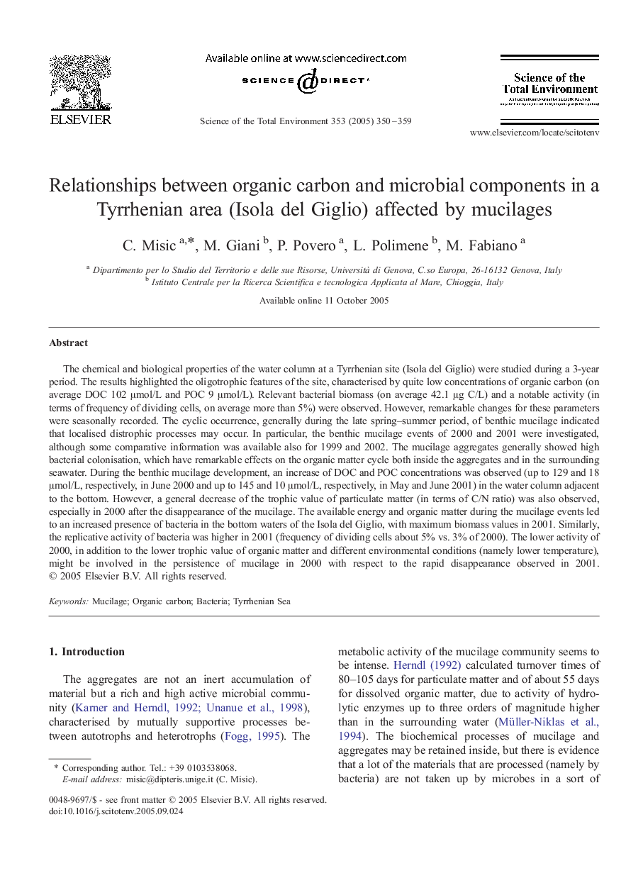 Relationships between organic carbon and microbial components in a Tyrrhenian area (Isola del Giglio) affected by mucilages