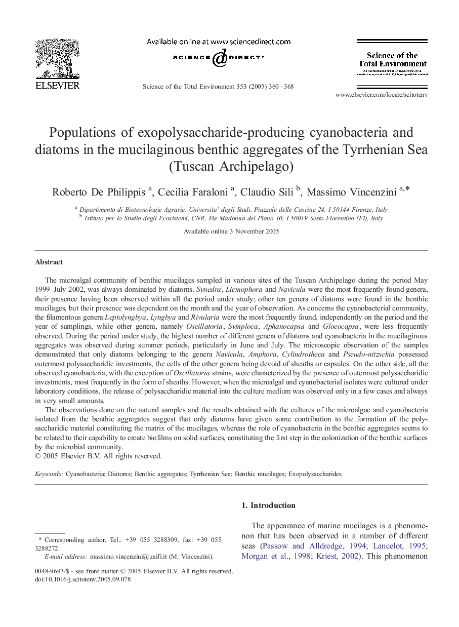 Populations of exopolysaccharide-producing cyanobacteria and diatoms in the mucilaginous benthic aggregates of the Tyrrhenian Sea (Tuscan Archipelago)