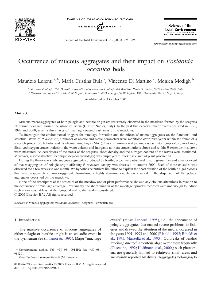 Occurrence of mucous aggregates and their impact on Posidonia oceanica beds