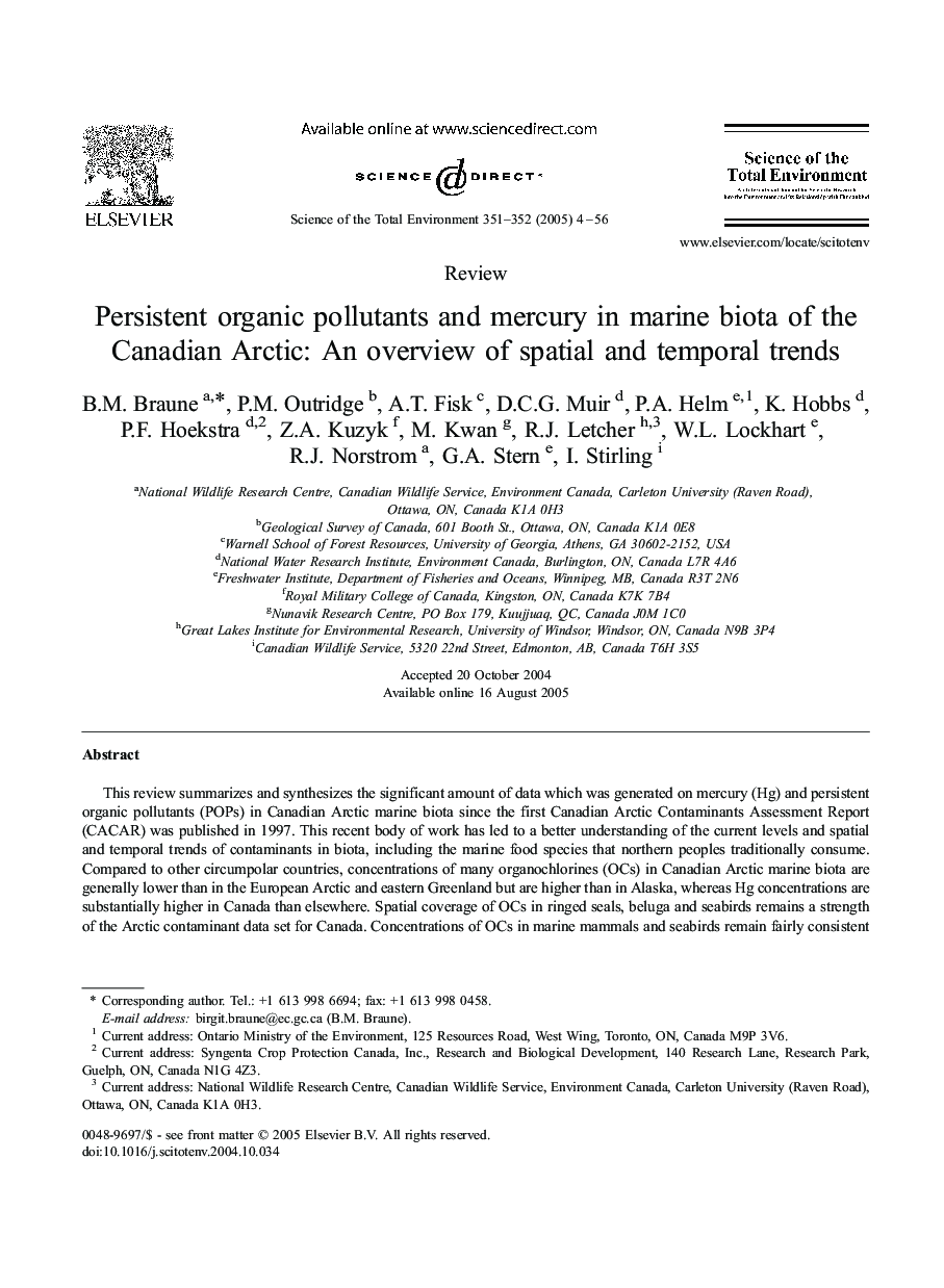 Persistent organic pollutants and mercury in marine biota of the Canadian Arctic: An overview of spatial and temporal trends