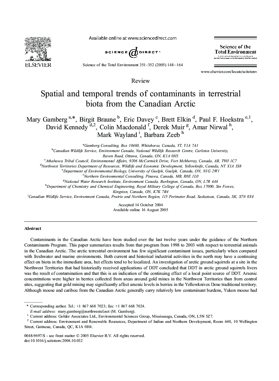 Spatial and temporal trends of contaminants in terrestrial biota from the Canadian Arctic