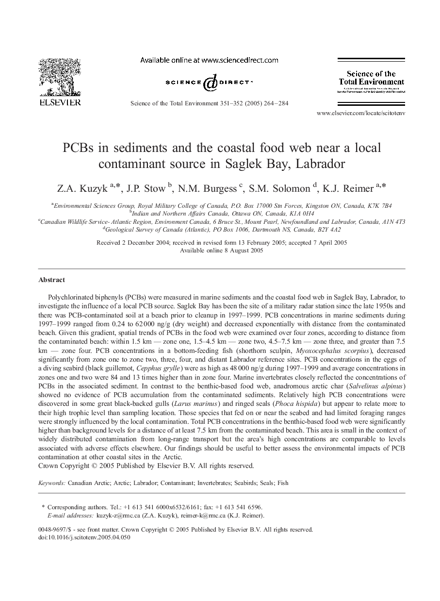 PCBs in sediments and the coastal food web near a local contaminant source in Saglek Bay, Labrador