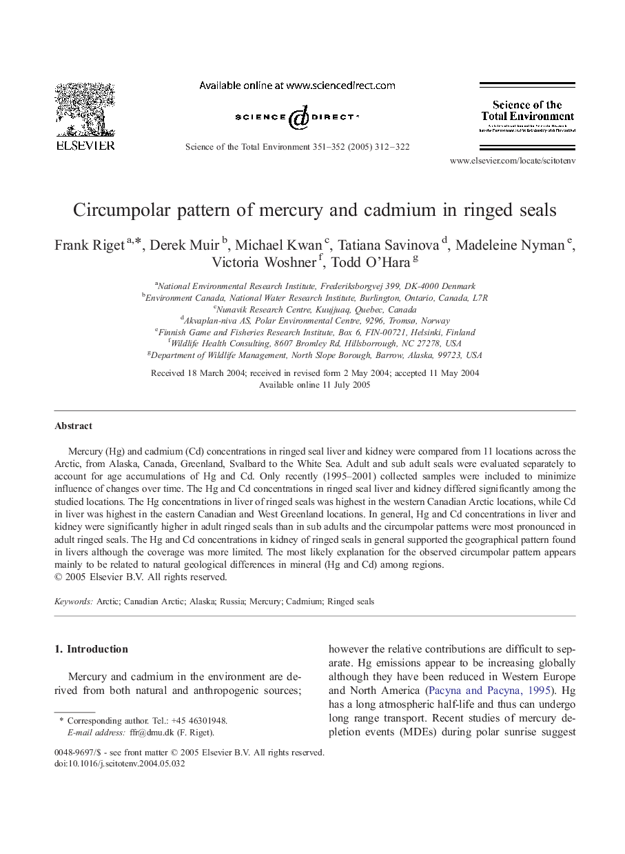 Circumpolar pattern of mercury and cadmium in ringed seals