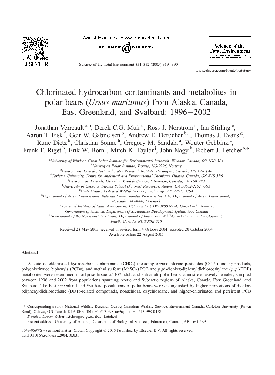 Chlorinated hydrocarbon contaminants and metabolites in polar bears (Ursus maritimus) from Alaska, Canada, East Greenland, and Svalbard: 1996â2002