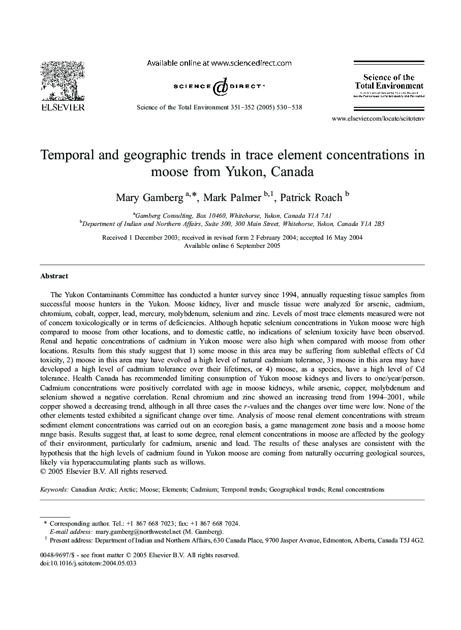 Temporal and geographic trends in trace element concentrations in moose from Yukon, Canada