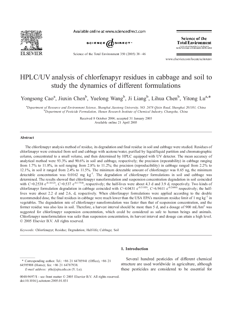 HPLC/UV analysis of chlorfenapyr residues in cabbage and soil to study the dynamics of different formulations