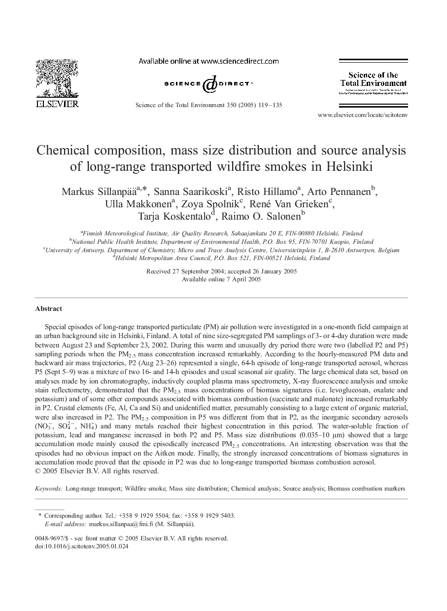 Chemical composition, mass size distribution and source analysis of long-range transported wildfire smokes in Helsinki