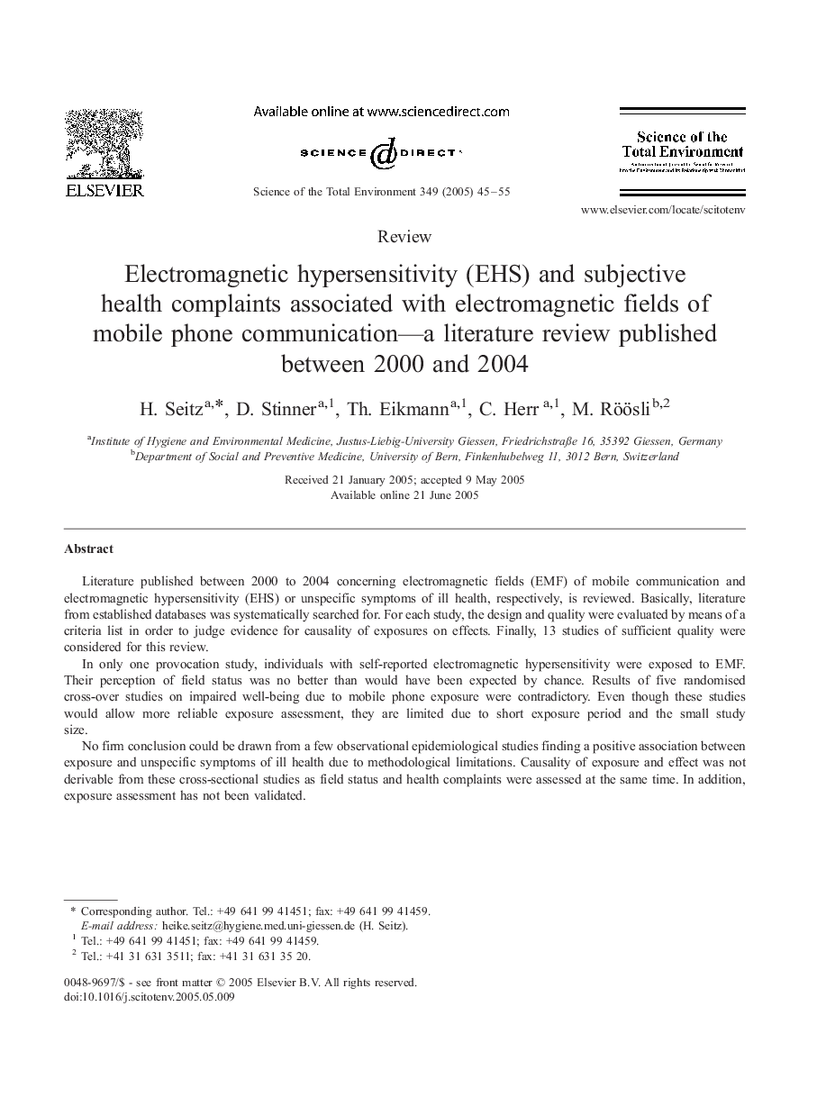 Electromagnetic hypersensitivity (EHS) and subjective health complaints associated with electromagnetic fields of mobile phone communication-a literature review published between 2000 and 2004