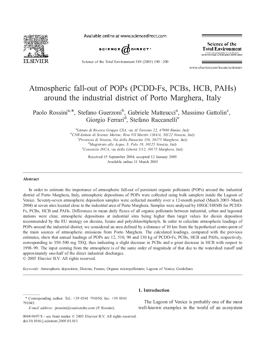 Atmospheric fall-out of POPs (PCDD-Fs, PCBs, HCB, PAHs) around the industrial district of Porto Marghera, Italy