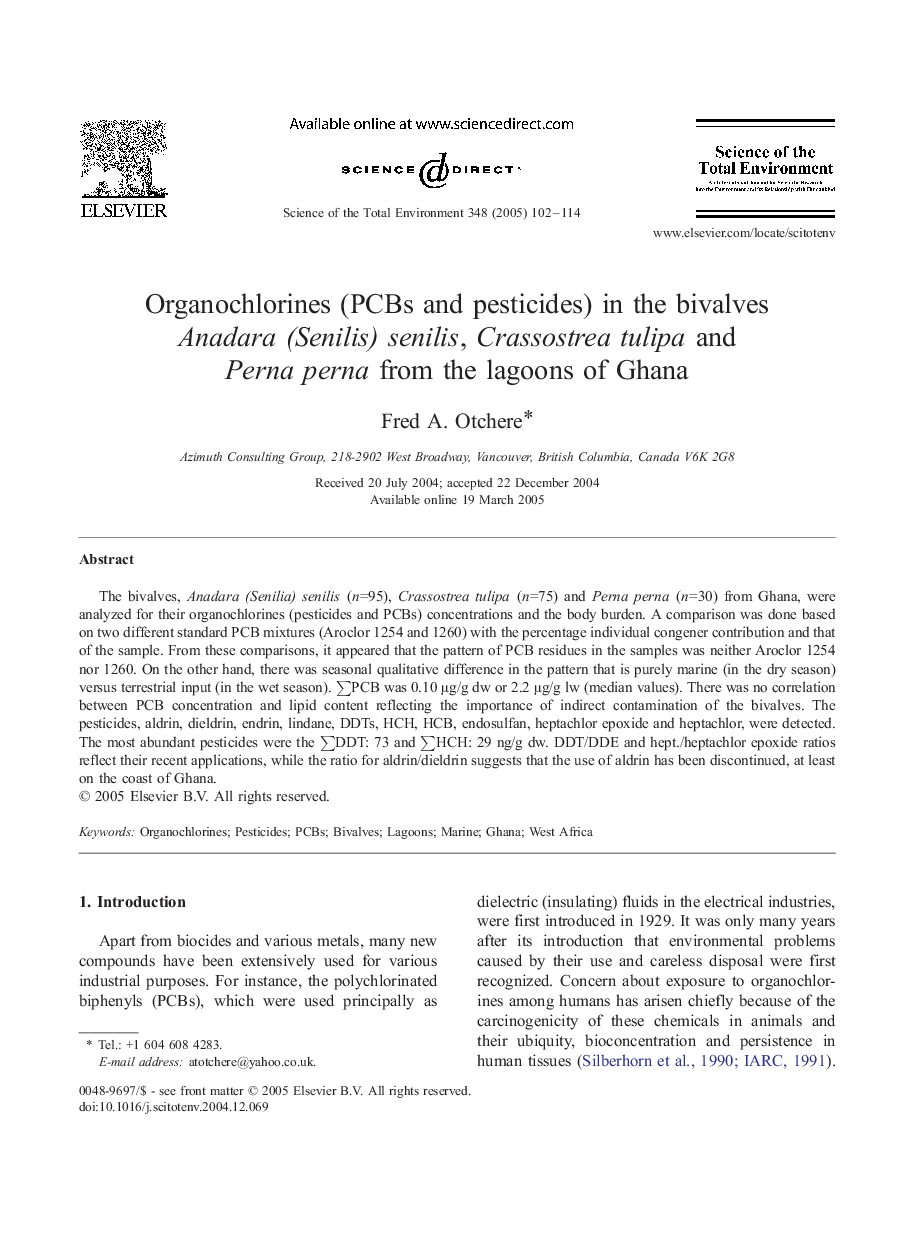 Organochlorines (PCBs and pesticides) in the bivalves Anadara (Senilis) senilis, Crassostrea tulipa and Perna perna from the lagoons of Ghana