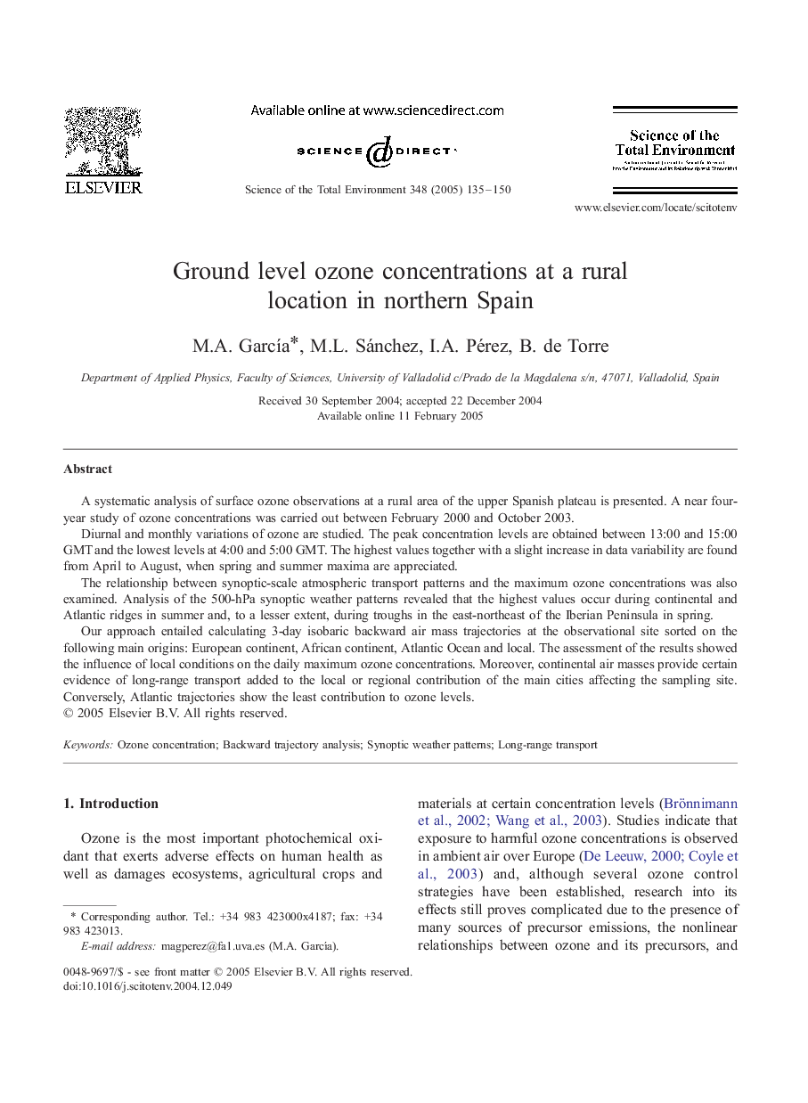 Ground level ozone concentrations at a rural location in northern Spain