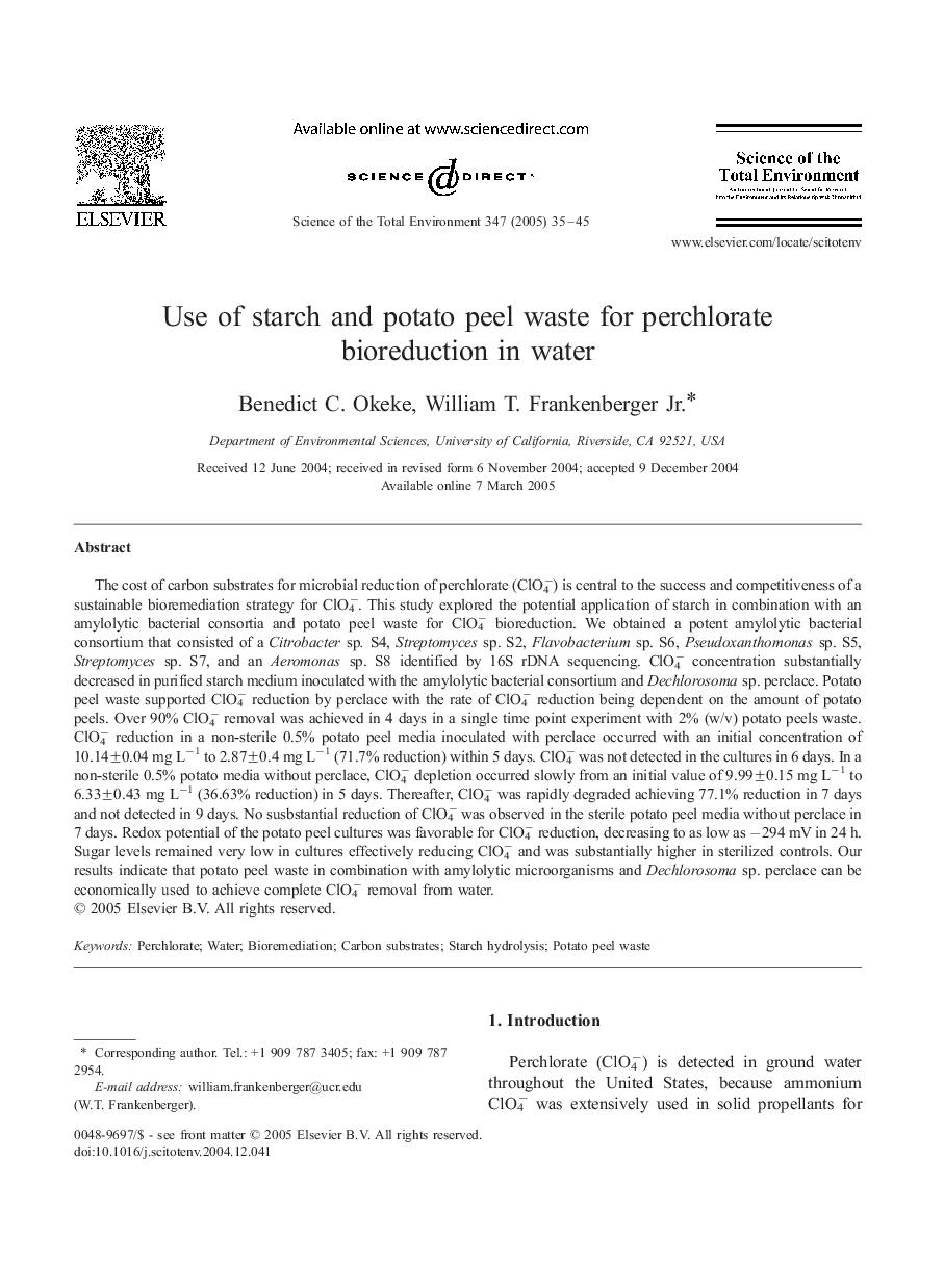 Use of starch and potato peel waste for perchlorate bioreduction in water